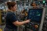 Mitarbeiterin optimiert die Einstellungen einer automatisierten Produktionsanlage